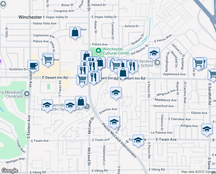 map of restaurants, bars, coffee shops, grocery stores, and more near 3185 East Desert Inn Road in Las Vegas