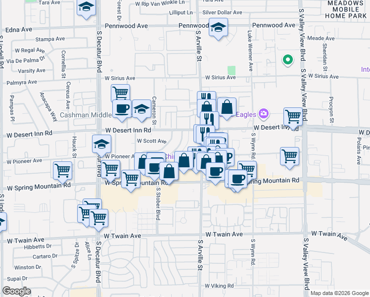 map of restaurants, bars, coffee shops, grocery stores, and more near 3344 South Myrtle Avenue in Las Vegas