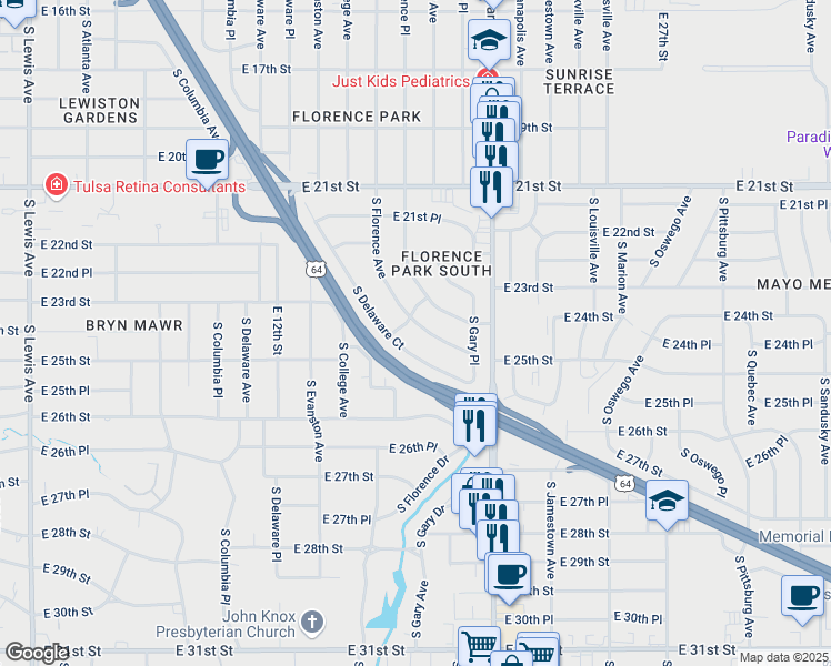 map of restaurants, bars, coffee shops, grocery stores, and more near 2309 South Florence Avenue in Tulsa