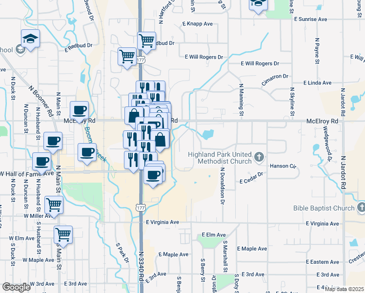 map of restaurants, bars, coffee shops, grocery stores, and more near 800 East Hall of Fame Avenue in Stillwater
