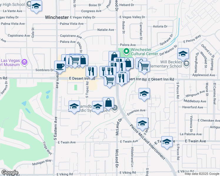 map of restaurants, bars, coffee shops, grocery stores, and more near 2885 East Desert Inn Road in Las Vegas
