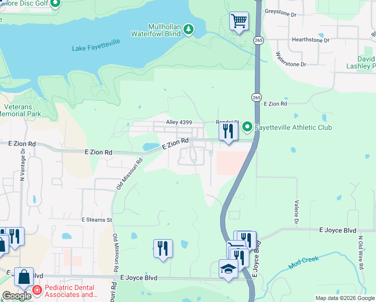map of restaurants, bars, coffee shops, grocery stores, and more near 2598 East Bayside Xing in Fayetteville
