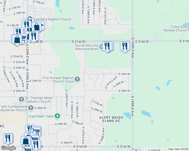 map of restaurants, bars, coffee shops, grocery stores, and more near 13803 East 24th Street in Tulsa
