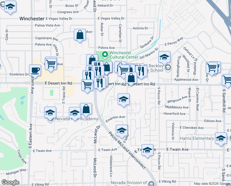 map of restaurants, bars, coffee shops, grocery stores, and more near 3185 East Desert Inn Road in Las Vegas