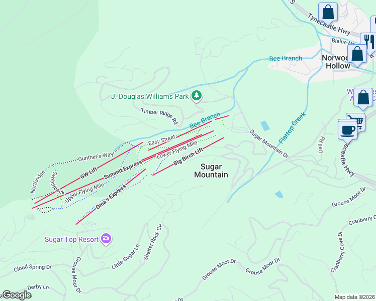 map of restaurants, bars, coffee shops, grocery stores, and more near 630 Briarcliff Road in Sugar Mountain