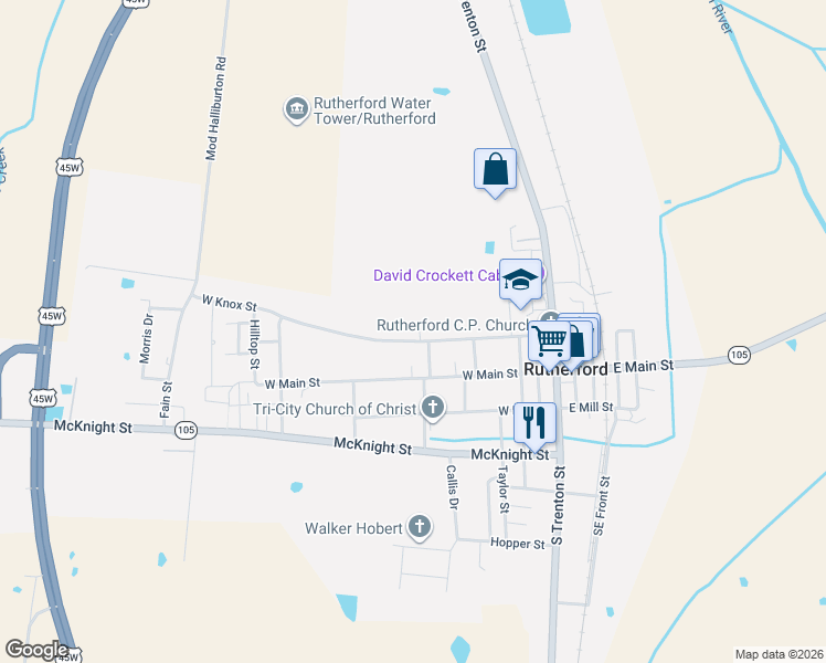 map of restaurants, bars, coffee shops, grocery stores, and more near 506 West Knox Street in Rutherford