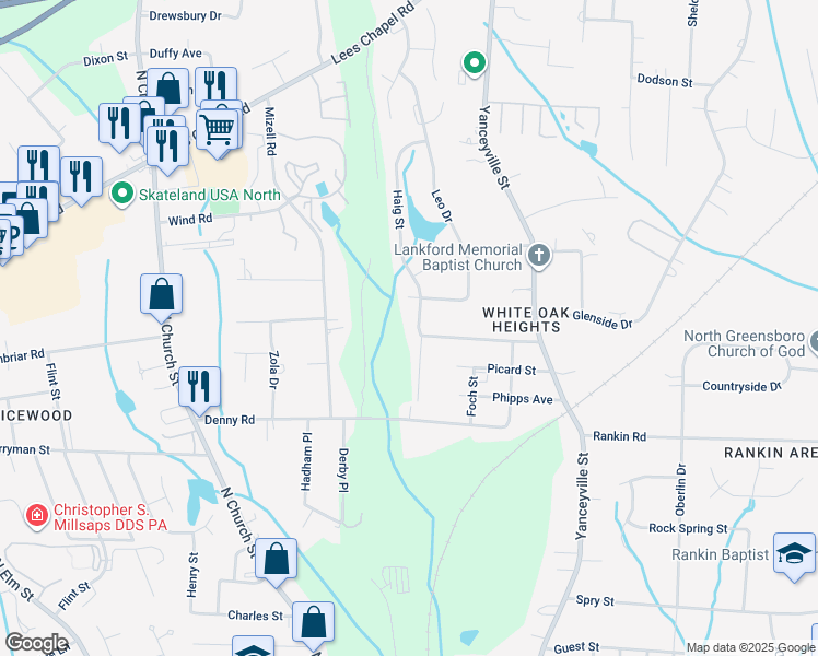 map of restaurants, bars, coffee shops, grocery stores, and more near 2703 Haig Street in Greensboro