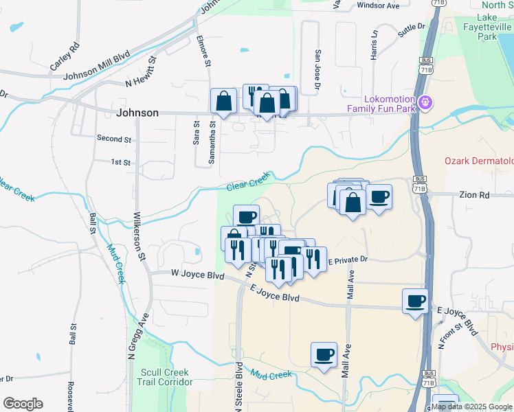 map of restaurants, bars, coffee shops, grocery stores, and more near 4245 Northeast Meadow Creek Circle in Fayetteville