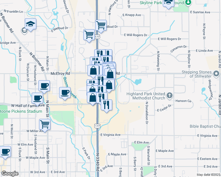 map of restaurants, bars, coffee shops, grocery stores, and more near 625 North Perkins Road in Stillwater