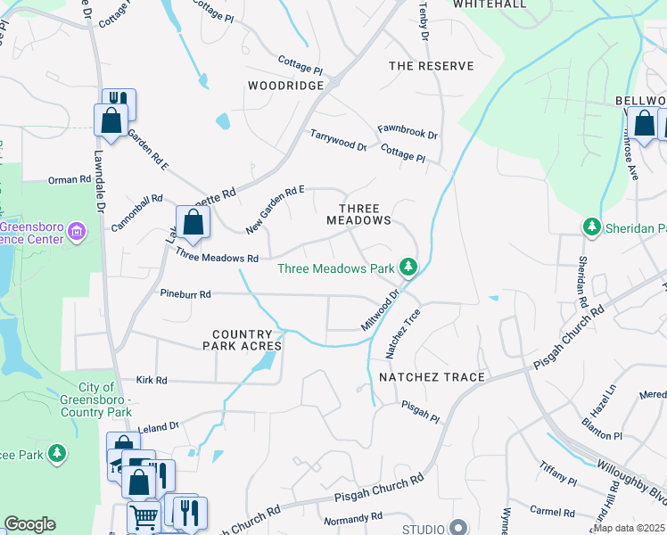 map of restaurants, bars, coffee shops, grocery stores, and more near 10 Wild Partridge Court in Greensboro