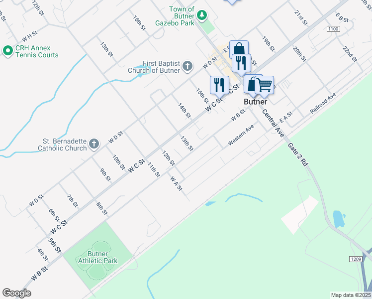 map of restaurants, bars, coffee shops, grocery stores, and more near 503 West C Street in Butner