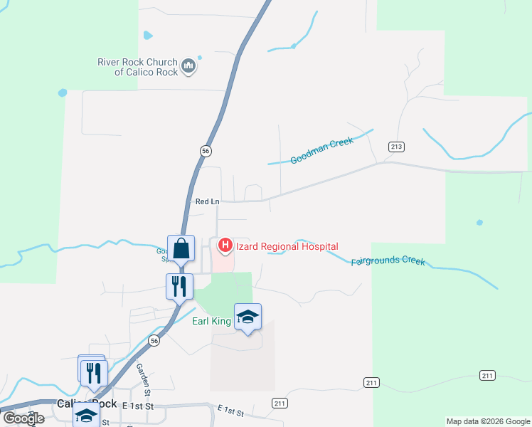 map of restaurants, bars, coffee shops, grocery stores, and more near 40 Lorene Street in Calico Rock