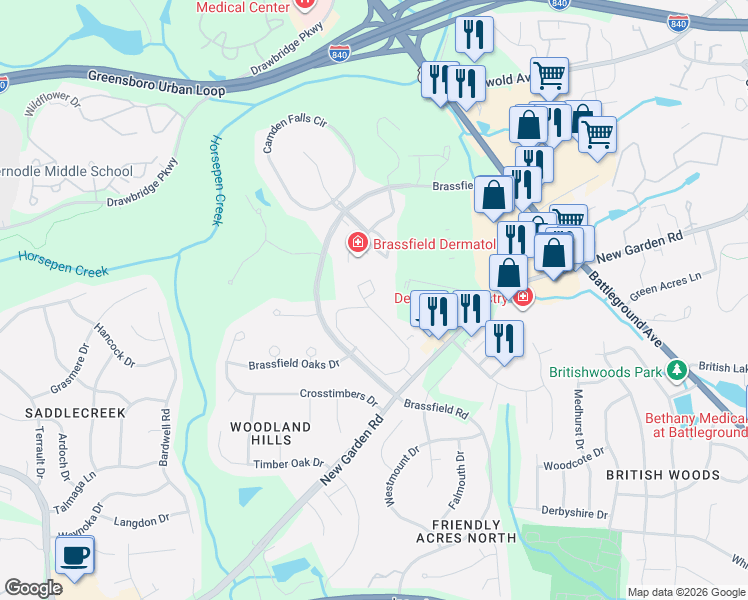 map of restaurants, bars, coffee shops, grocery stores, and more near 1921 New Garden Road in Greensboro