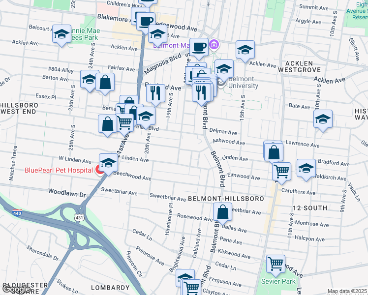 map of restaurants, bars, coffee shops, grocery stores, and more near 1716 Ashwood Avenue in Nashville