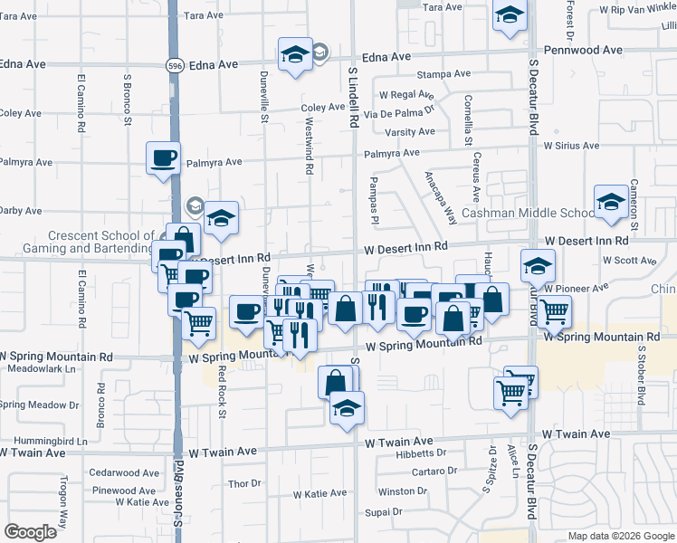 map of restaurants, bars, coffee shops, grocery stores, and more near 3335 Tiara Point Circle in Las Vegas