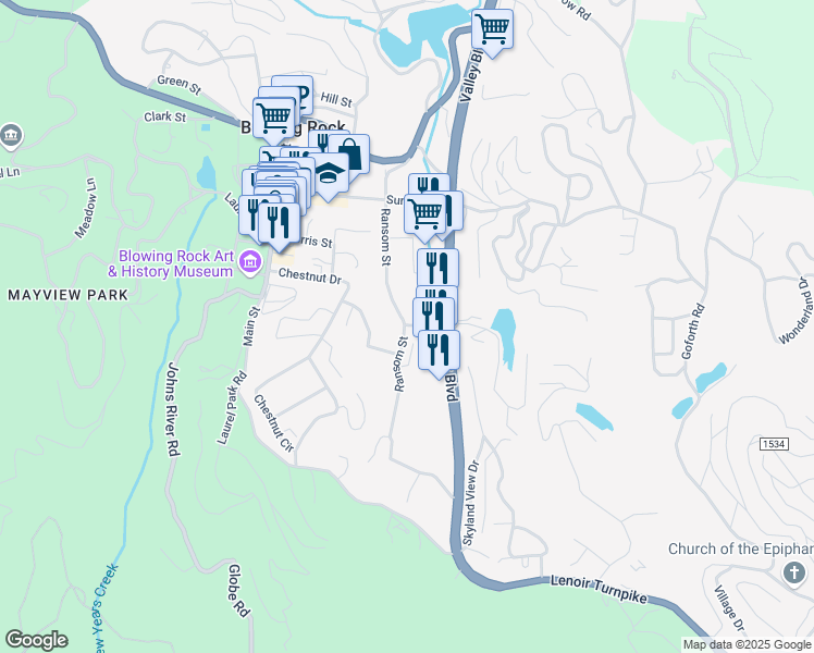 map of restaurants, bars, coffee shops, grocery stores, and more near 133 Church Street in Blowing Rock