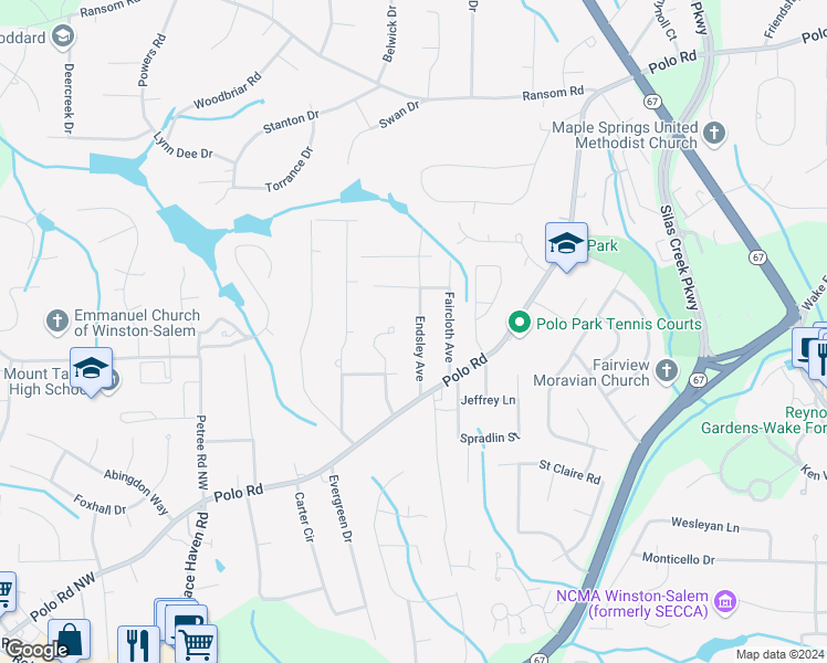 map of restaurants, bars, coffee shops, grocery stores, and more near 154 Endsley Avenue in Winston-Salem