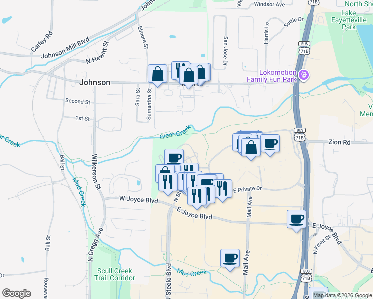 map of restaurants, bars, coffee shops, grocery stores, and more near 4261 Northeast Meadow Creek Circle in Fayetteville