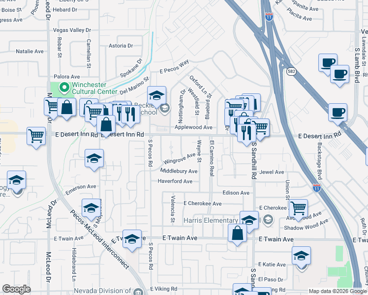 map of restaurants, bars, coffee shops, grocery stores, and more near 3338 Horizon Street in Las Vegas