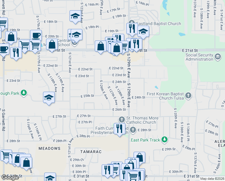 map of restaurants, bars, coffee shops, grocery stores, and more near 2424 South 128th East Avenue in Tulsa