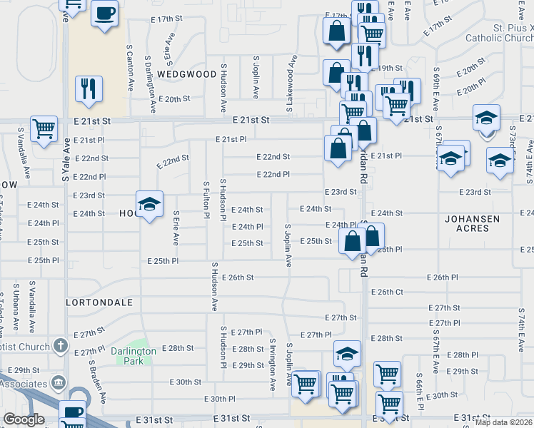 map of restaurants, bars, coffee shops, grocery stores, and more near 2405 South Irvington Avenue in Tulsa