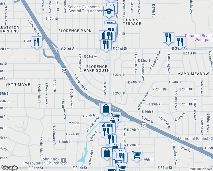 map of restaurants, bars, coffee shops, grocery stores, and more near 2342 South Florence Place in Tulsa