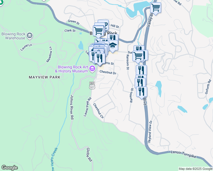 map of restaurants, bars, coffee shops, grocery stores, and more near 181 Cone Vista Circle in Blowing Rock