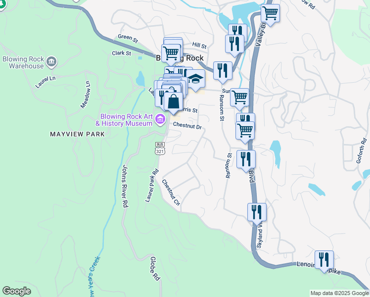 map of restaurants, bars, coffee shops, grocery stores, and more near 181 Cone Vista Circle in Blowing Rock