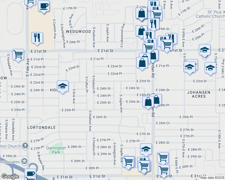map of restaurants, bars, coffee shops, grocery stores, and more near 2405 South Irvington Avenue in Tulsa