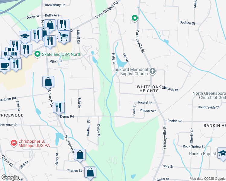 map of restaurants, bars, coffee shops, grocery stores, and more near 2703 Haig Street in Greensboro
