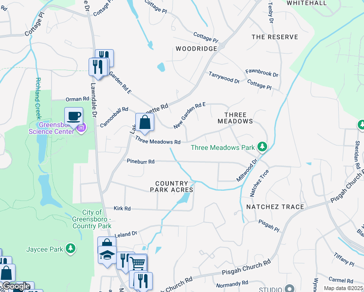 map of restaurants, bars, coffee shops, grocery stores, and more near 2103 Three Meadows Road in Greensboro