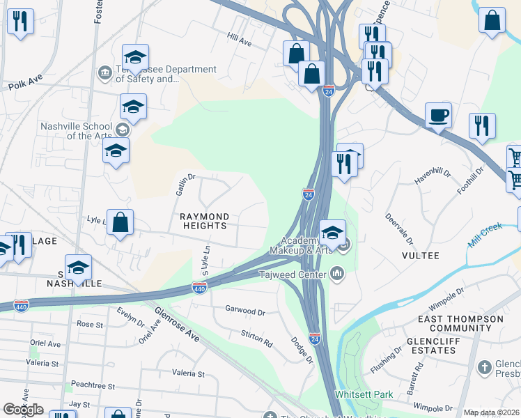 map of restaurants, bars, coffee shops, grocery stores, and more near 1981 Lavergne Court in Nashville