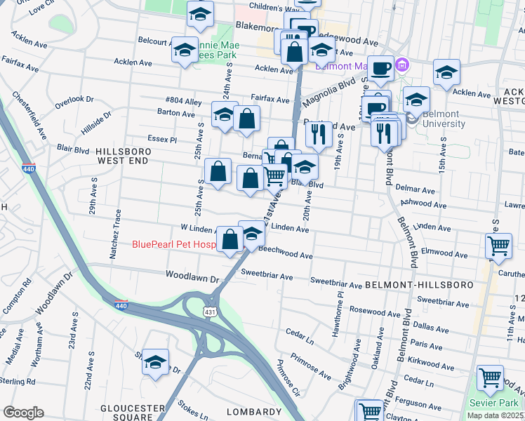 map of restaurants, bars, coffee shops, grocery stores, and more near 2303 21st Avenue South in Nashville