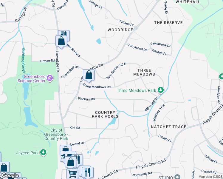 map of restaurants, bars, coffee shops, grocery stores, and more near 2103 Three Meadows Road in Greensboro