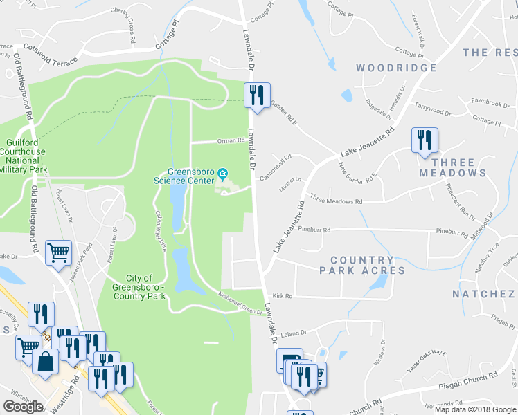 map of restaurants, bars, coffee shops, grocery stores, and more near 4200 Lawndale Drive in Greensboro