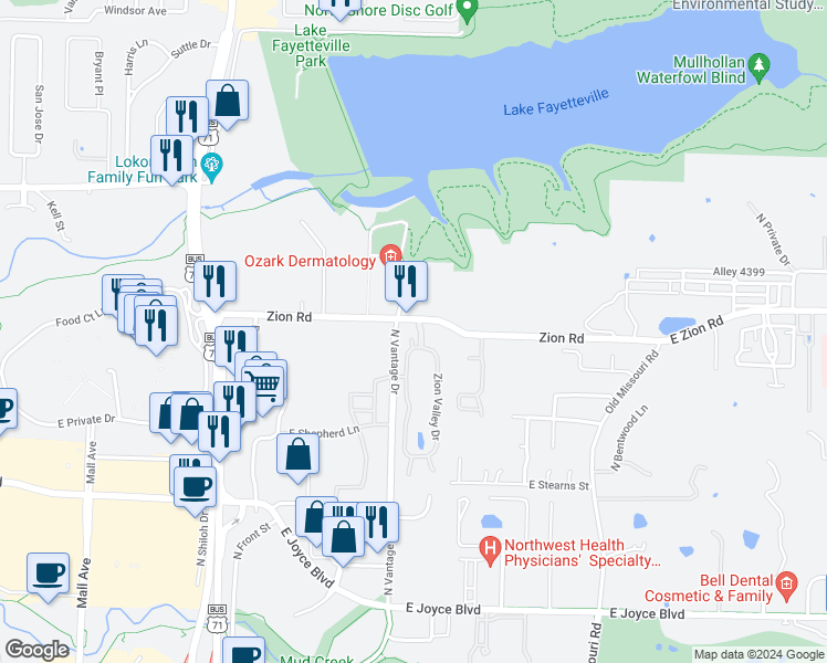 map of restaurants, bars, coffee shops, grocery stores, and more near 4283 Meadow View Drive in Fayetteville