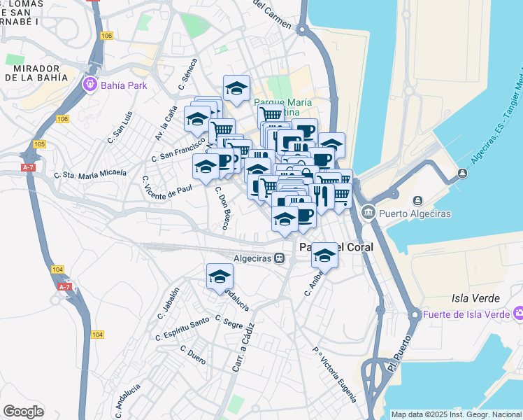 map of restaurants, bars, coffee shops, grocery stores, and more near 87 Calle Teniente Miranda in Algeciras
