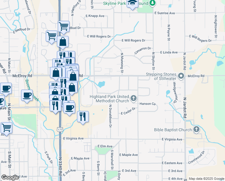 map of restaurants, bars, coffee shops, grocery stores, and more near 617 North Donaldson Drive in Stillwater