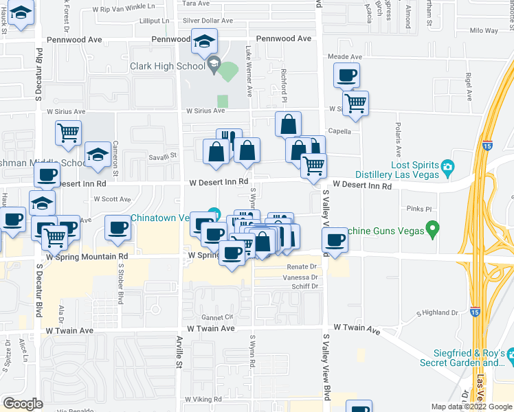 map of restaurants, bars, coffee shops, grocery stores, and more near 3360 South Wynn Road in Las Vegas