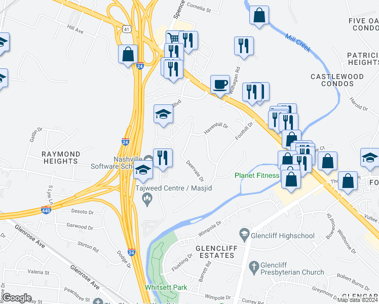 map of restaurants, bars, coffee shops, grocery stores, and more near 426 Bunkerhill Drive in Nashville