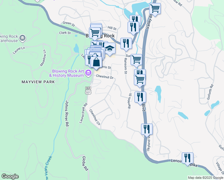 map of restaurants, bars, coffee shops, grocery stores, and more near 375 Chestnut Drive in Blowing Rock