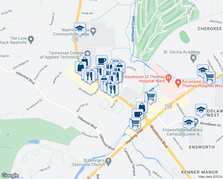 map of restaurants, bars, coffee shops, grocery stores, and more near 40 White Bridge Pike in Nashville