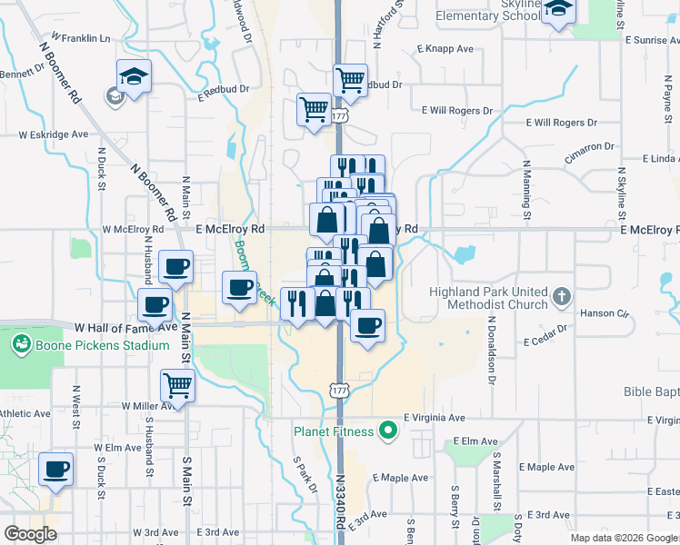 map of restaurants, bars, coffee shops, grocery stores, and more near 619 North Perkins Road in Stillwater