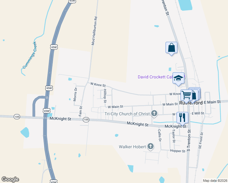 map of restaurants, bars, coffee shops, grocery stores, and more near 567 W Knox St in Rutherford