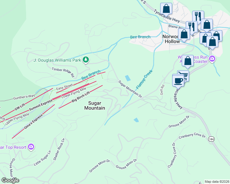 map of restaurants, bars, coffee shops, grocery stores, and more near 149 Slope View Road in Sugar Mountain