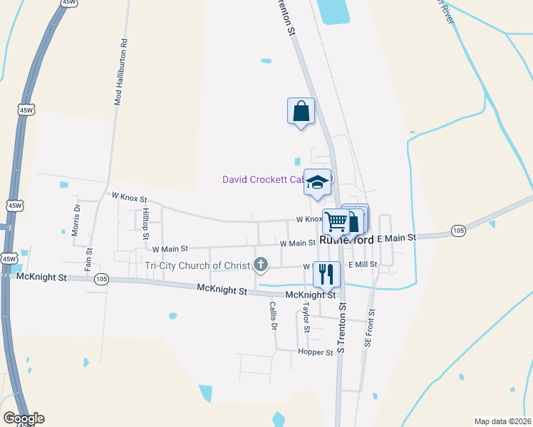 map of restaurants, bars, coffee shops, grocery stores, and more near 410 West Knox Street in Rutherford