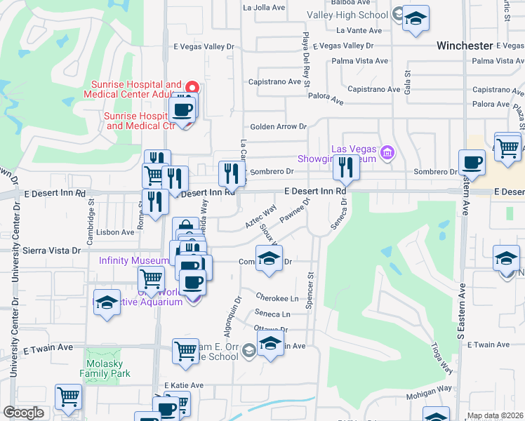 map of restaurants, bars, coffee shops, grocery stores, and more near 1590 Aztec Way in Las Vegas