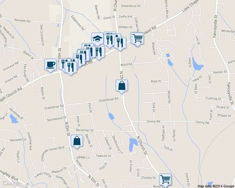map of restaurants, bars, coffee shops, grocery stores, and more near 3603 North Church Street in Greensboro