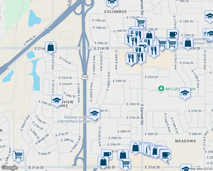 map of restaurants, bars, coffee shops, grocery stores, and more near 2413 South 108th East Avenue in Tulsa