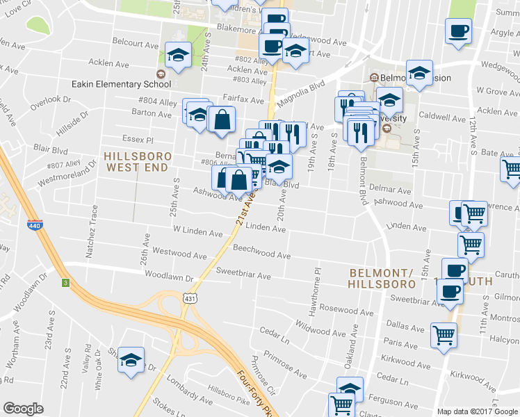 map of restaurants, bars, coffee shops, grocery stores, and more near 2011 Ashwood Avenue in Nashville